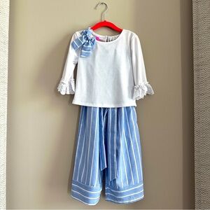 Rare Editions Girls 2-Piece Outfit Size 5 White Top Blue Striped Wide Leg Pants